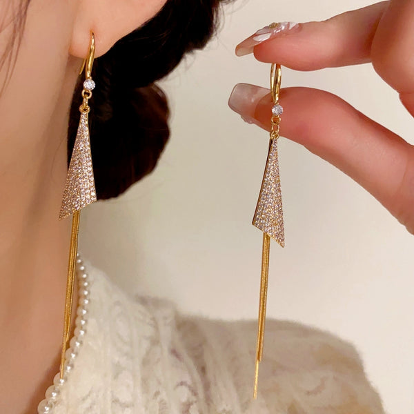 14K Gold-Plated Elegant Zircon Triangle Tassel Earrings