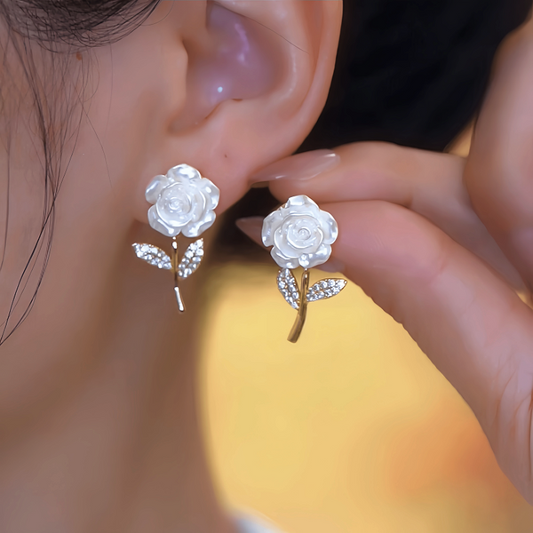 14K Gold-Plated Elegant Zircon White Camellia Flower Earrings