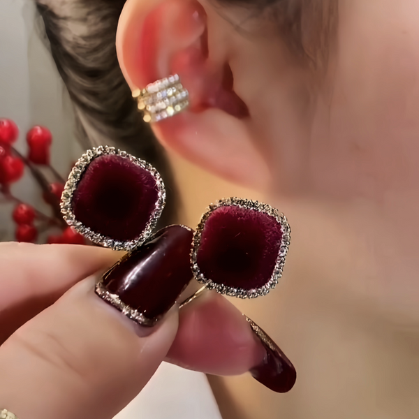 14K Gold-Plated Elegant Zircon Wine Red Stud Earrings