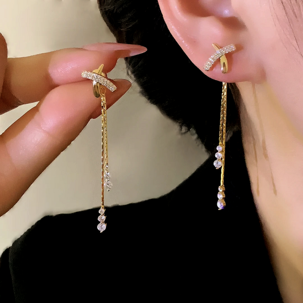 14K Gold-Plated Elegant Zircon X Cross Tassel Earrings