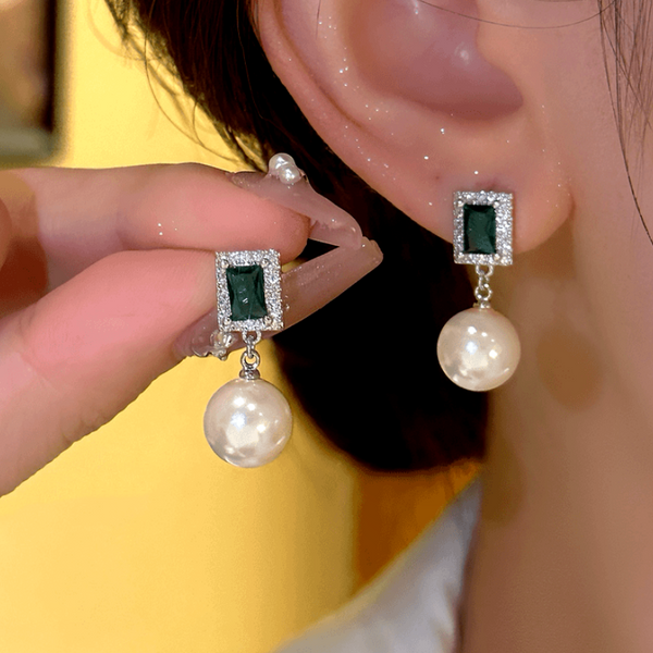 14K Gold-Plated Emerald Cube Pearl Earrings