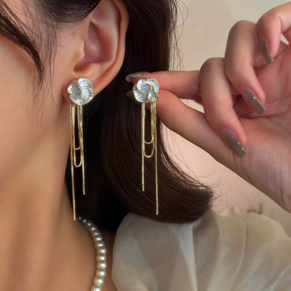 14K Gold-Plated Exquisite Camellia Tassel Earrings