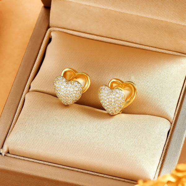 14K Gold-Plated Exquisite Diamond Heart-Design Earrings