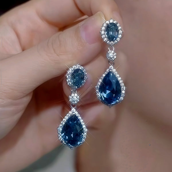 14K Gold-Plated Exquisite Elegant Blue Zircon Diamond Water Drop Earrings