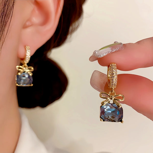 14K Gold-Plated Exquisite Square Diamond Bow Zircon Earrings