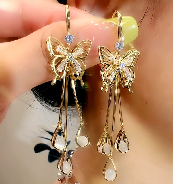 14K Gold-Plated Exquisite Zircon Butterfly Crystal Ear Hook Tassel  Earrings