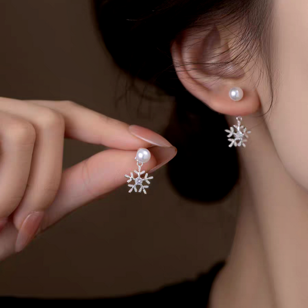 14K Gold-Plated Exquisite Zircon Diamond Snowflake Pearl Earrings