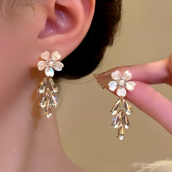 14K Gold-Plated Flower Diamond Tassel Earrings