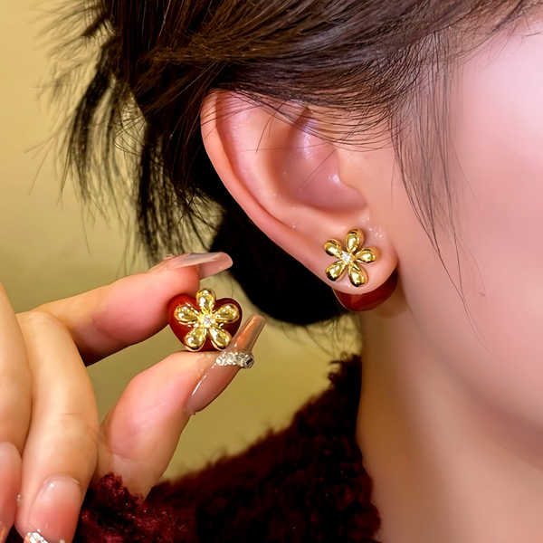 14K Gold-Plated Flower Red Heart Bead Jacket Earrings