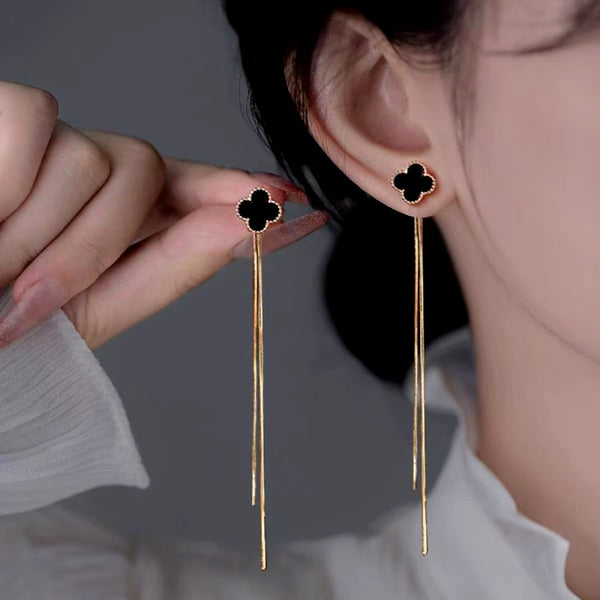 14K Gold-Plated Four-Leaf Clover Tassel Earrings
