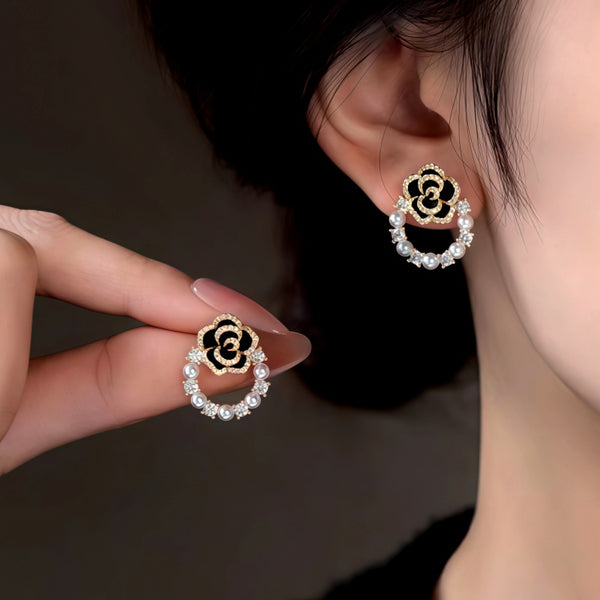 14K Gold-Plated French Camellia Pearl Zircon Earrings