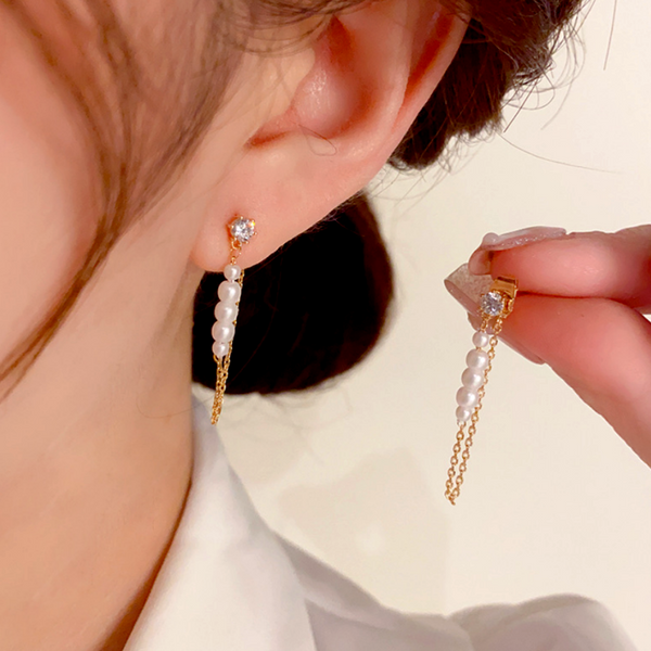 14K Gold-Plated Front and Back Zircon Pearl Tassel Earrings