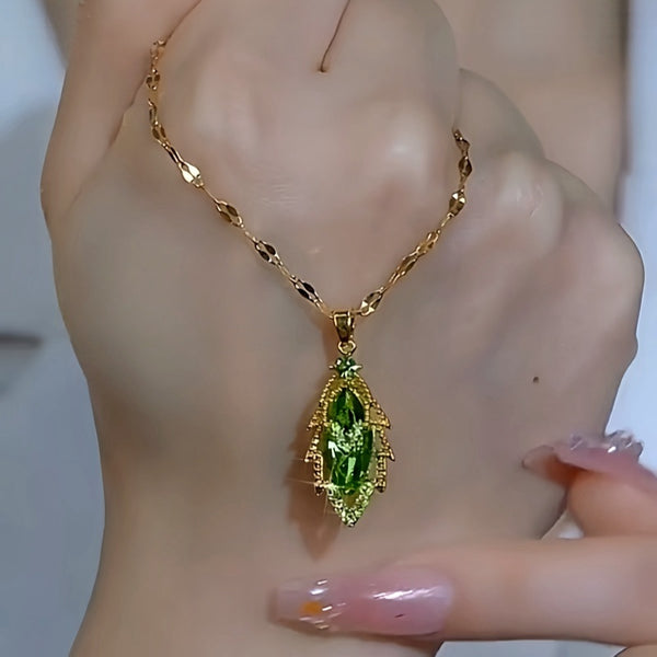 14K Gold-Plated Green Diamond Leaf Pendant Necklace