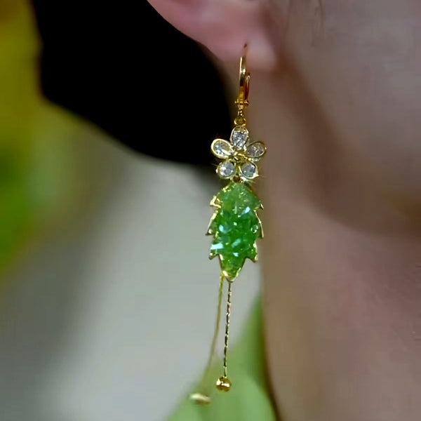 14K Gold-Plated Green Gradient Crystal Leaf Flower Earrings