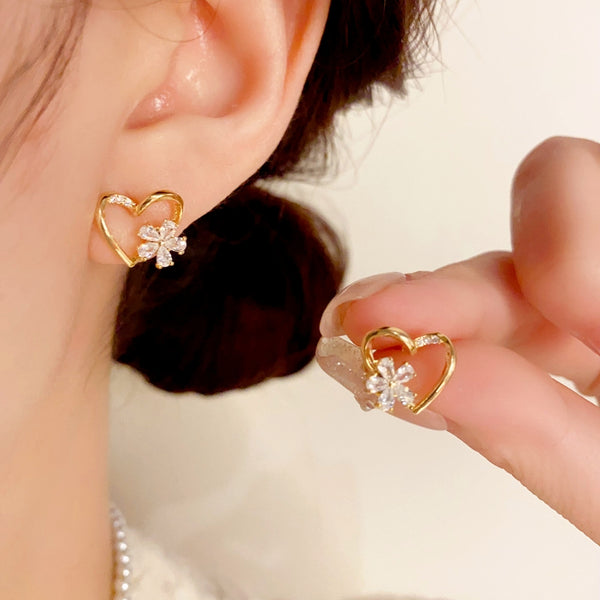 14K Gold-Plated Heart-Design Rotating Flower Studs