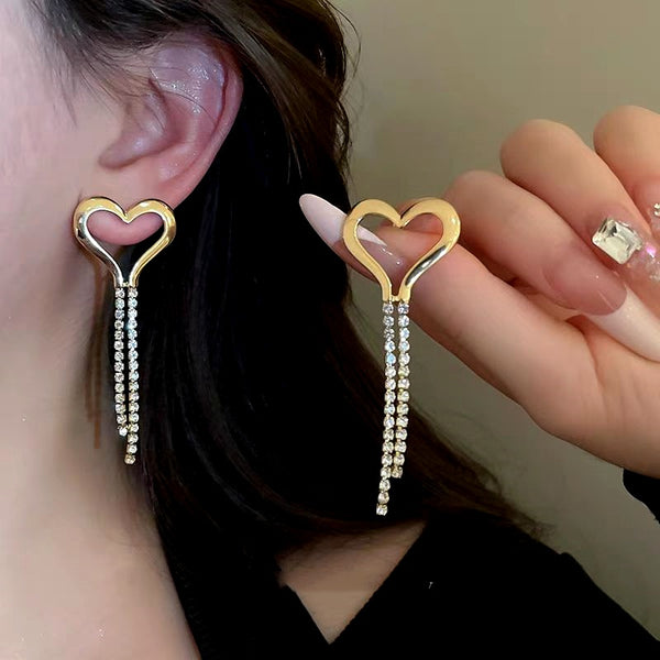 14K Gold-Plated Heart Zircon Tassel Earrings