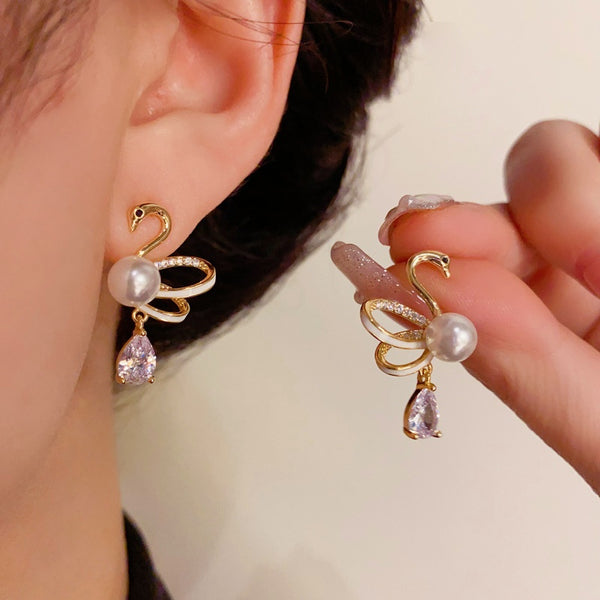 14K Gold-Plated Hollow Zircon Pearl Swan Earrings