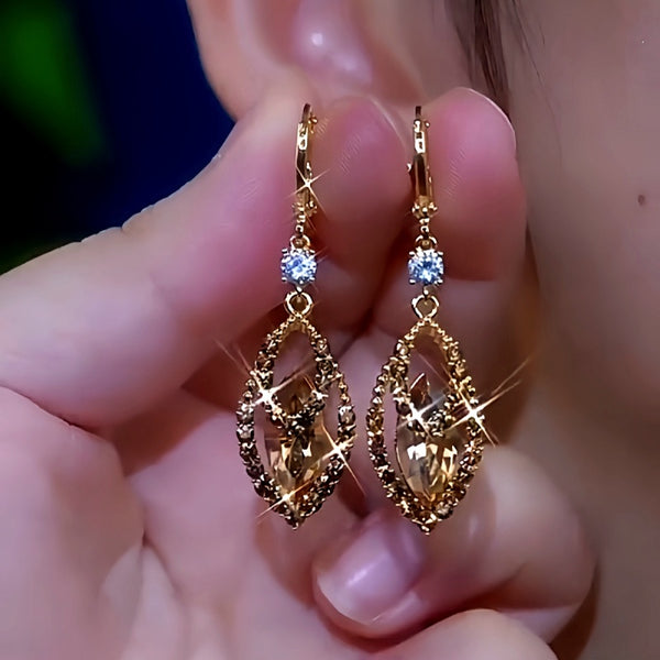 14K Gold-Plated Jade Leave Brown Crystal Zircon Earrings