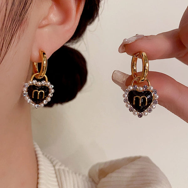 14K Gold-Plated Letter M Black Heart Earrings