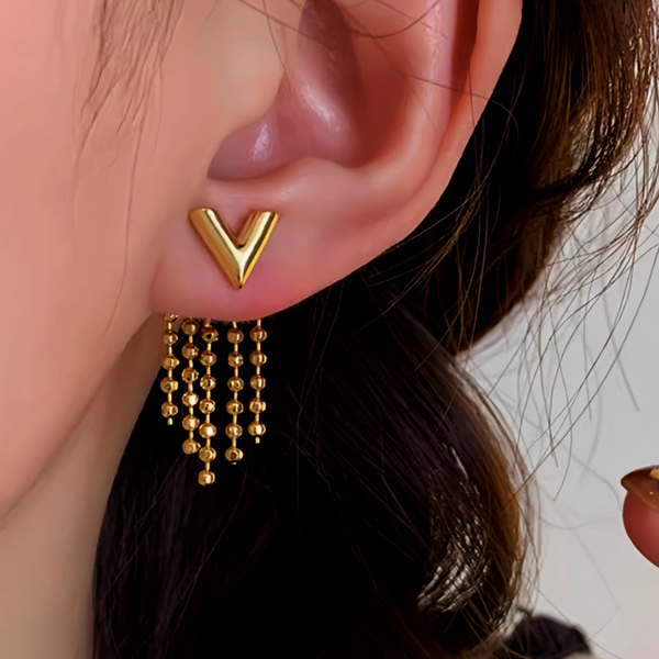 14K Gold-Plated Letter V Tassel Earrings