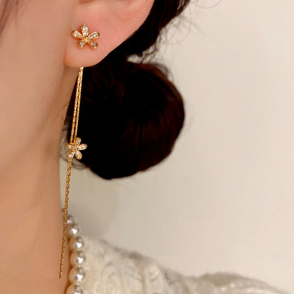 14K Gold-Plated Long Diamond Flower Tassel Earrings