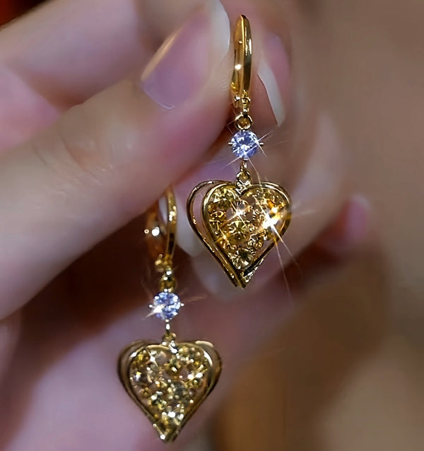 14K Gold-Plated Luxury Bling Heart Earrings