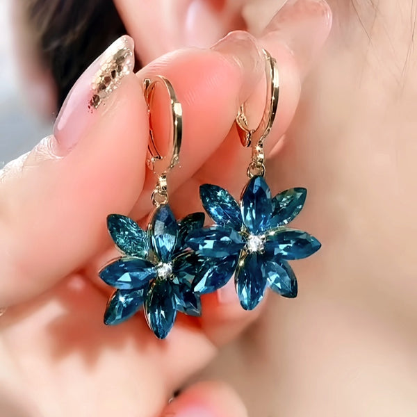 14K Gold-Plated Luxury Blue Crystal Flower Earrings