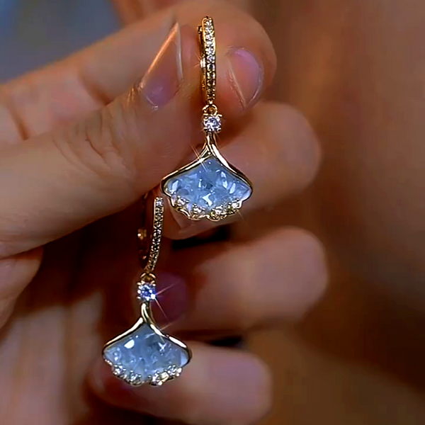 14K Gold-Plated Luxury Blue Crystal Leaf Earrings