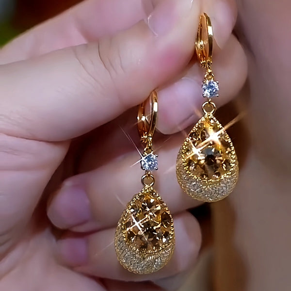 14K Gold-Plated Luxury Brown Diamond Water Drop Earrings