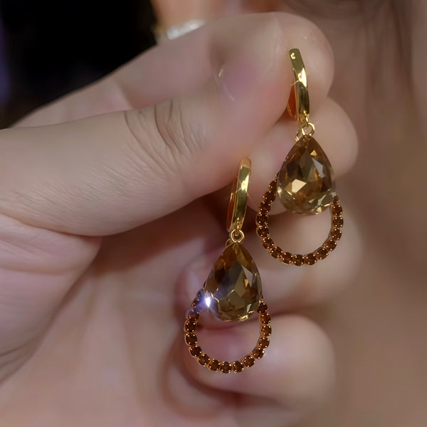 14K Gold-Plated Luxury Brown Zircon Diamond Water Drop Earrings