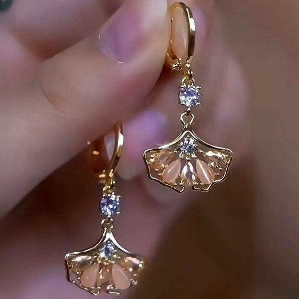 14K Gold-Plated Luxury Brown Zircon Ginkgo Leaf Earrings