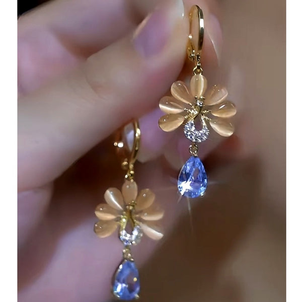 14K Gold-Plated Luxury Cat's Eye Stone Flower Earrings