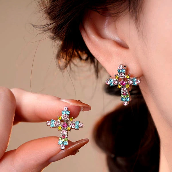 14K Gold-Plated Luxury Colorful Rhinestone Cross Hoop Earrings