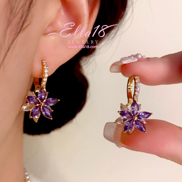 14K Gold-Plated Luxury Design Purple Zircon Diamond Flower Earrings