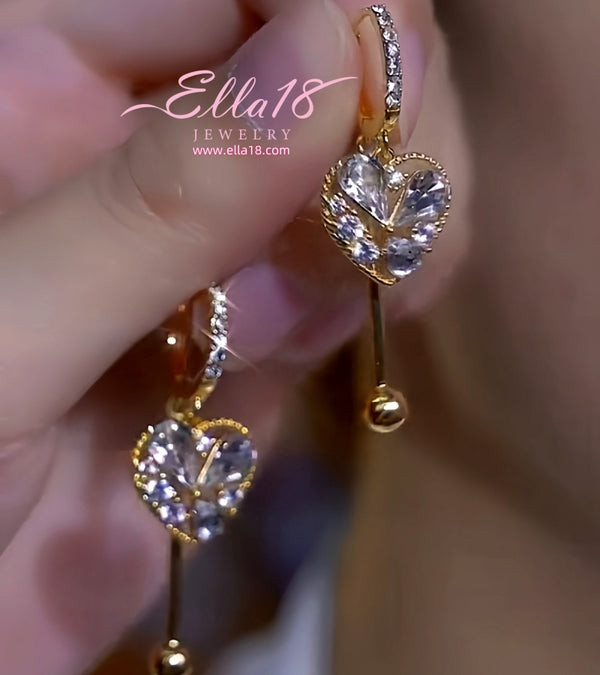 14K Gold-Plated Luxury Design Zircon Diamond Heart Tassel Earrings