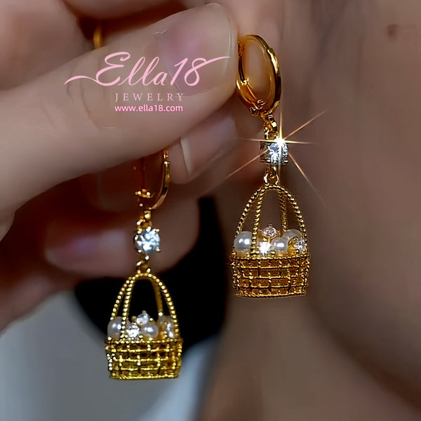 14K Gold-Plated Luxury Design Zircon Diamond Pearl Basket Earrings