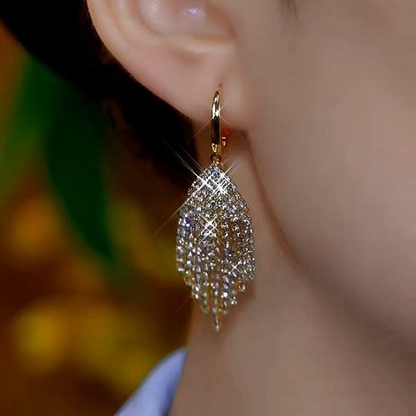 14K Gold-Plated Luxury Diamond Leaf Tassel Earrings