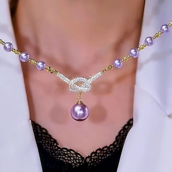 14K Gold-Plated Luxury Diamond Purple Pearl Necklace