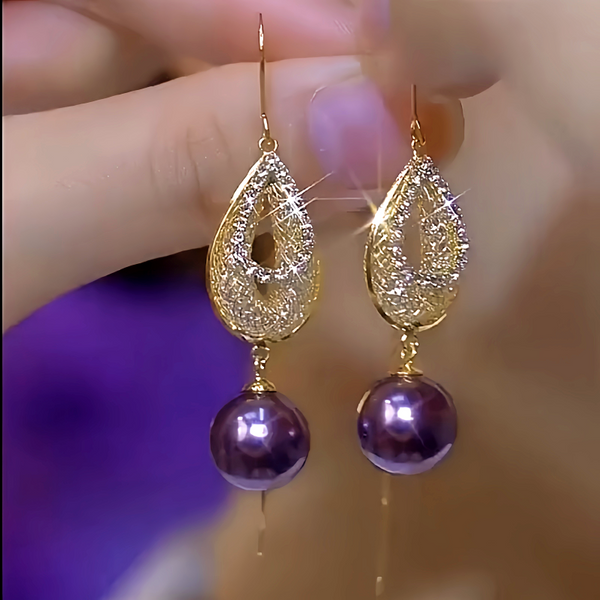 14K Gold-Plated Luxury Diamond Purple Pearl Threader Earrings