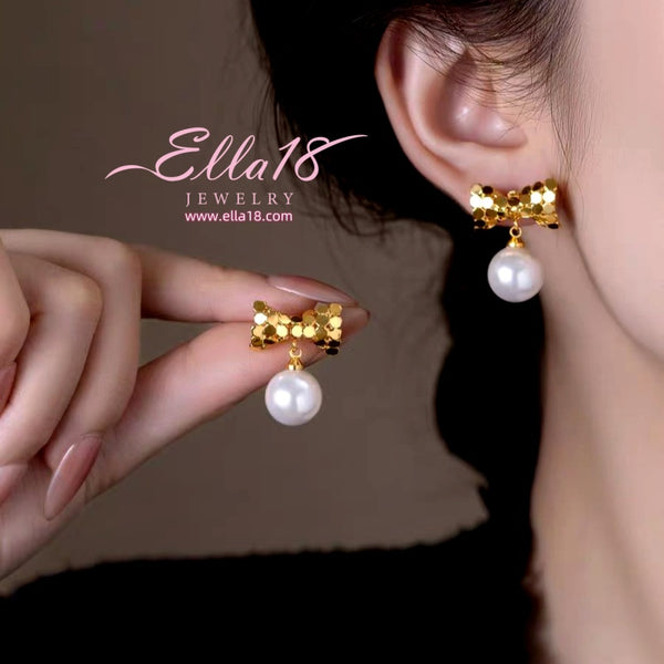 14K Gold-Plated Luxury Geometric Bow Pearl Earrings