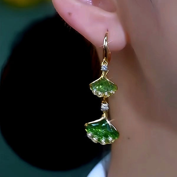 14K Gold-Plated Luxury Green Crystal Leaf Earrings