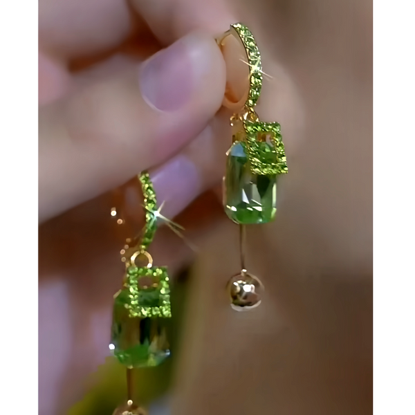 14K Gold-Plated Luxury Green Zircon Diamond Tassel Earrings