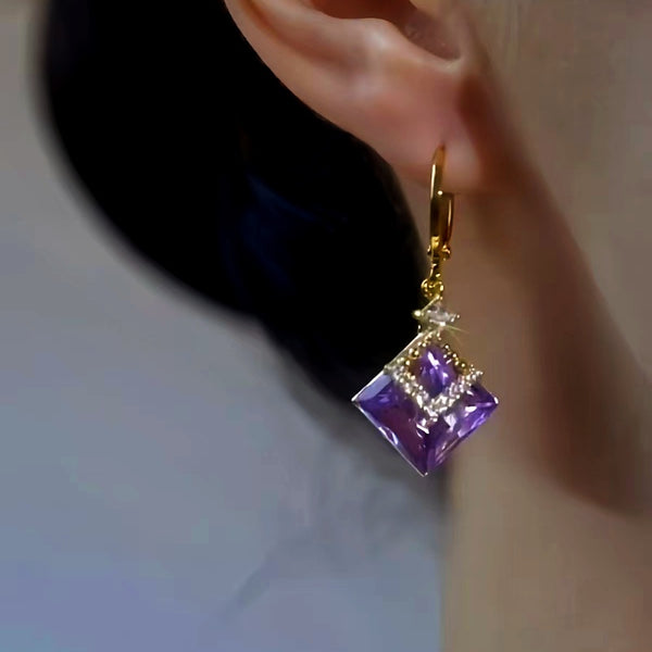 14K Gold-Plated Luxury Purple Geometric Diamond Crystal Earrings