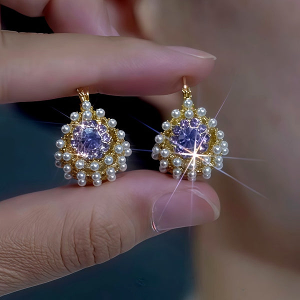 14K Gold-Plated Luxury Purple Zircon Diamond Pearl Basket Earrings