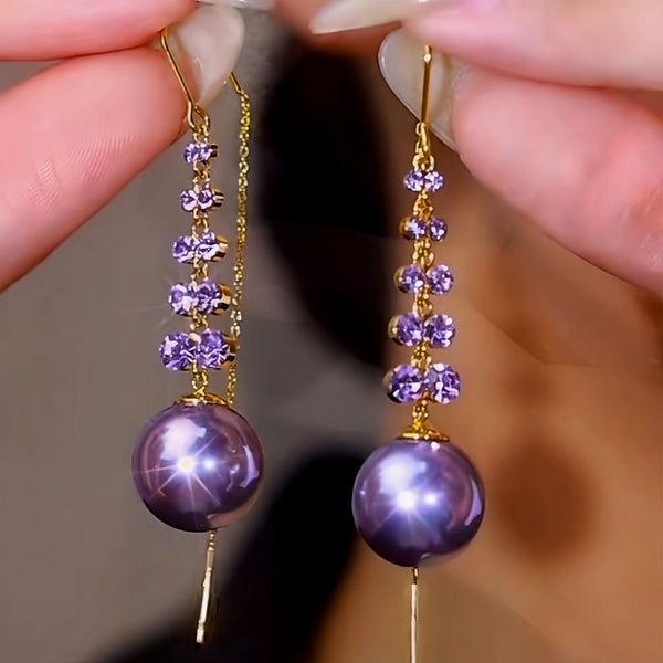 14K Gold-Plated Luxury Purple Zircon Pearl Threader Tassel Earrings