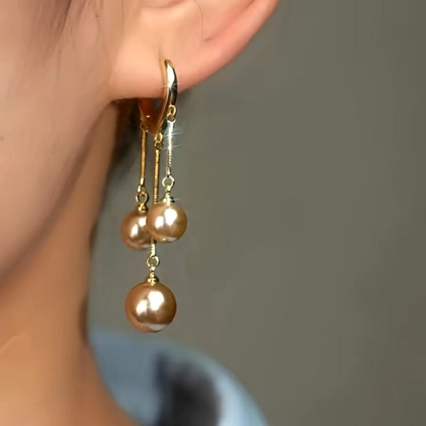 14K Gold-Plated Luxury Three Champagne Gold Pearl Tassel Earrings