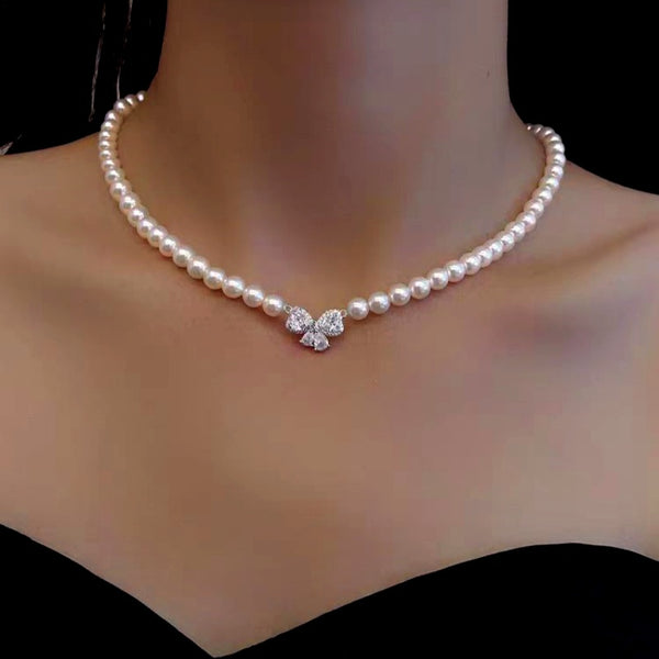 14K Gold-Plated Luxury Zircon Bow Pearl Necklace