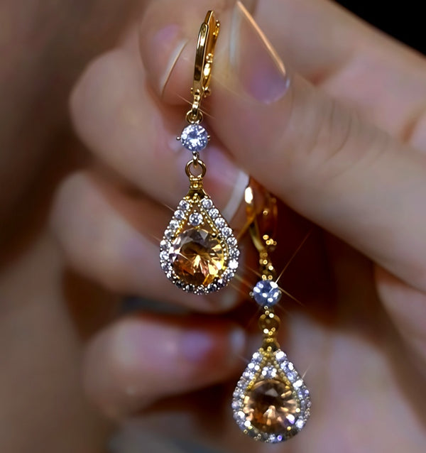 14K Gold-Plated Luxury Zircon Brown Diamond Water Drop Earrings
