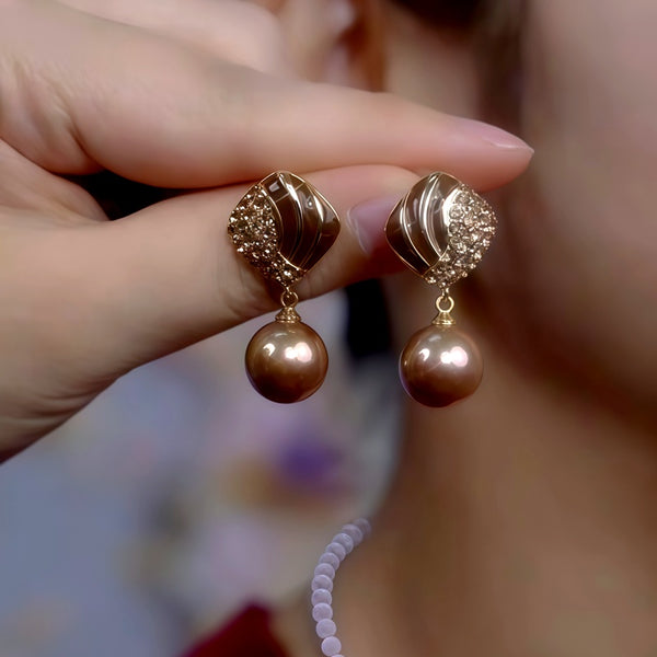 14K Gold-Plated Luxury Zircon Diamond Brown Bead Earrings