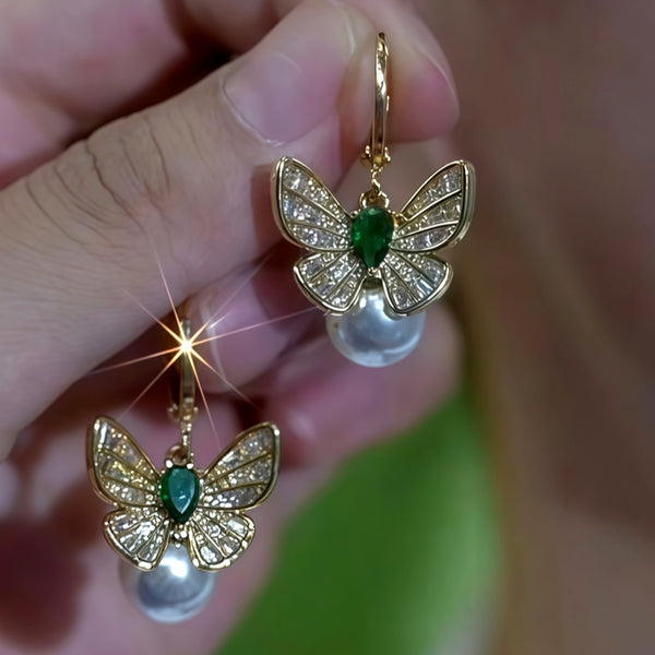 14K Gold-Plated Luxury Zircon Diamond Butterfly Pearl Earrings